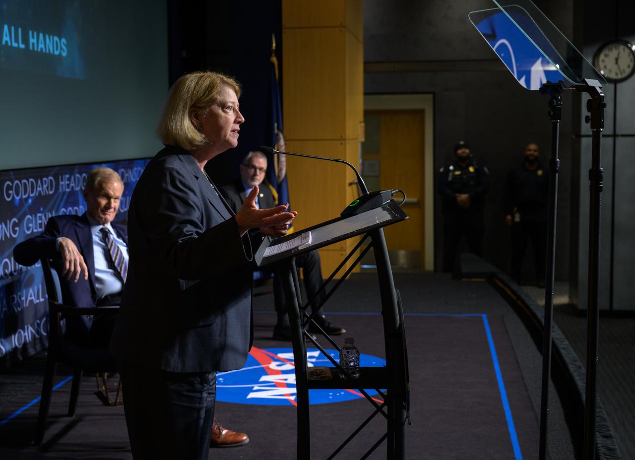 NASA Deputy Administrator Pam Melroy, gives remarks during a NASA agencywide all hands, Friday, Dec. 6, 2024, at the NASA Headquarters Mary W. Jackson Building in Washington. Photo Credit: (NASA/Bill Ingalls)