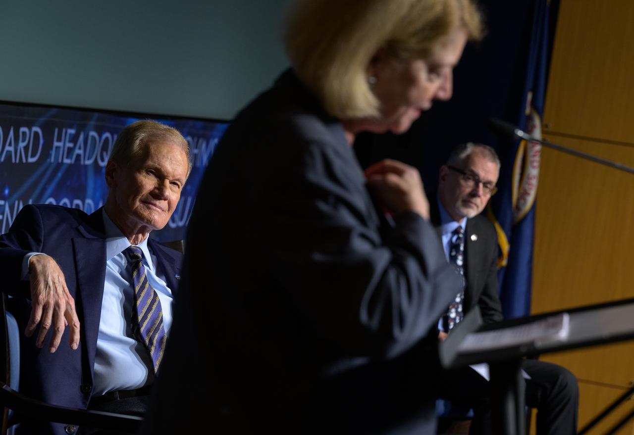 NASA Administrator Bill Nelson, left, and NASA Associate Administrator Jim Free, right, listen as NASA Deputy Administrator Pam Melroy, gives remarks during a NASA agencywide all hands, Friday, Dec. 6, 2024, at the NASA Headquarters Mary W. Jackson Building in Washington. Photo Credit: (NASA/Bill Ingalls)