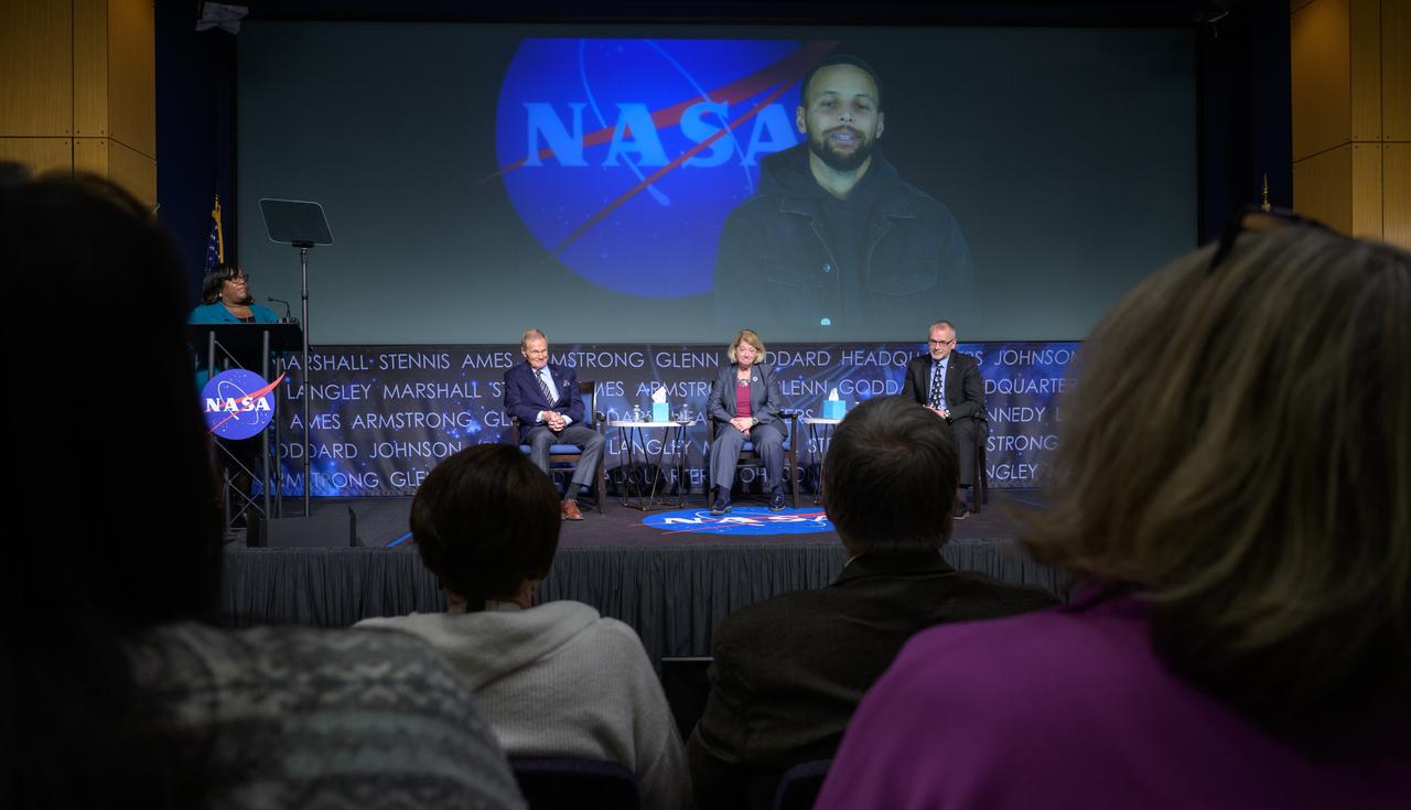 American professional basketball player Stephen Curry gives pre-recorded remarks during a NASA agencywide all hands, Friday, Dec. 6, 2024, at the NASA Headquarters Mary W. Jackson Building in Washington. Photo Credit: (NASA/Bill Ingalls)