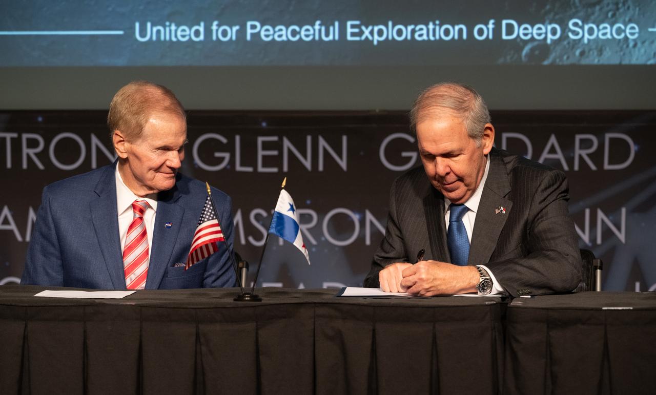 NASA Administrator Bill Nelson looks on as Ambassador of the Republic of Panama to the United States of America José Miguel Alemán Healy, signs the Artemis Accords, Wednesday, Dec. 11, 2024, at the Mary W. Jackson NASA Headquarters building in Washington. The Republic of Panama is the 49th country to sign the Artemis Accords, which establish a practical set of principles to guide space exploration cooperation among nations participating in NASA’s Artemis program. Photo Credit: (NASA/Joel Kowsky)