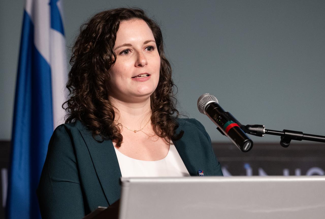 Meira Bernstein, NASA Press Secretary, introduces NASA Administrator Bill Nelson at an Artemis Accords signing ceremony, Wednesday, Dec. 11, 2024, at the Mary W. Jackson NASA Headquarters building in Washington. The Republic of Armenia is the 49th country to sign the Artemis Accords, which establish a practical set of principles to guide space exploration cooperation among nations participating in NASA’s Artemis program.  Photo Credit: (NASA/Joel Kowsky)