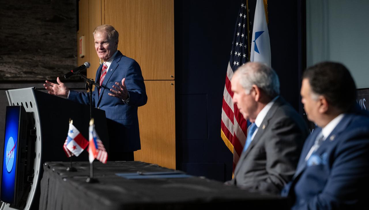 NASA Administrator Bill Nelson delivers remarks during an Artemis Accords signing ceremony, Wednesday, Dec. 11, 2024, at the Mary W. Jackson NASA Headquarters building in Washington. The Republic of Armenia is the 49th country to sign the Artemis Accords, which establish a practical set of principles to guide space exploration cooperation among nations participating in NASA’s Artemis program. Photo Credit: (NASA/Joel Kowsky)