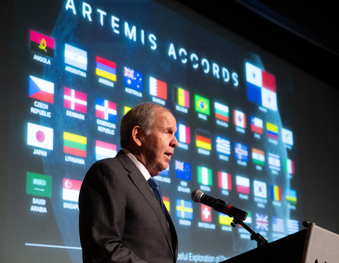 Ambassador of the Republic of Panama to the United States of America José Miguel Alemán delivers remarks during an Artemis Accords signing ceremony, Wednesday, Dec. 11, 2024, at the Mary W. Jackson NASA Headquarters building in Washington. The Republic of Armenia is the 49th country to sign the Artemis Accords, which establish a practical set of principles to guide space exploration cooperation among nations participating in NASA’s Artemis program. Photo Credit: (NASA/Joel Kowsky)