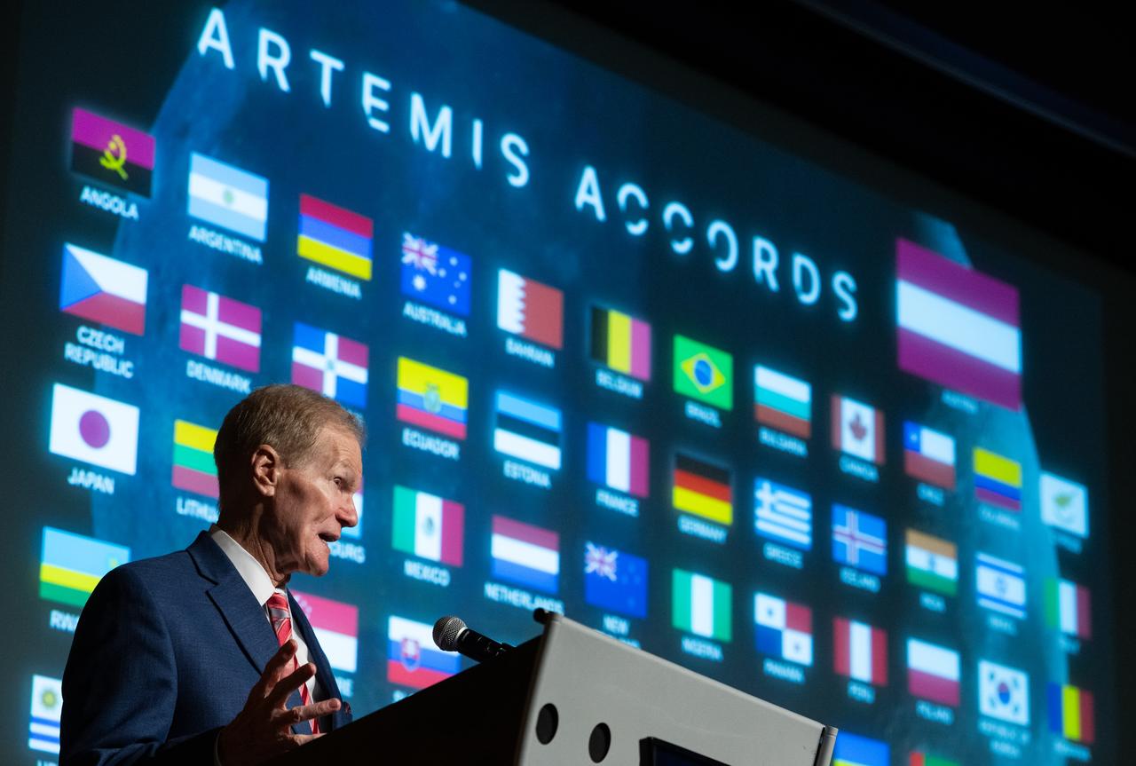 NASA Administrator Bill Nelson delivers remarks during an Artemis Accords signing ceremony, Wednesday, Dec. 11, 2024, at the Mary W. Jackson NASA Headquarters building in Washington. The Republic of Austria is the 50th country to sign the Artemis Accords, which establish a practical set of principles to guide space exploration cooperation among nations participating in NASA’s Artemis program.  Photo Credit: (NASA/Joel Kowsky)