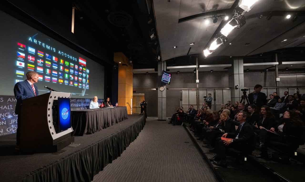 NASA Administrator Bill Nelson delivers remarks during an Artemis Accords signing ceremony, Wednesday, Dec. 11, 2024, at the Mary W. Jackson NASA Headquarters building in Washington. The Republic of Austria is the 50th country to sign the Artemis Accords, which establish a practical set of principles to guide space exploration cooperation among nations participating in NASA’s Artemis program.  Photo Credit: (NASA/Joel Kowsky)
