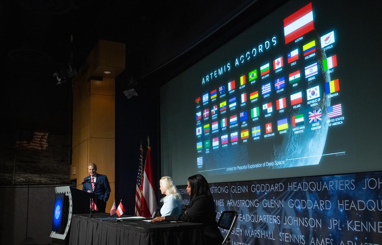 NASA Administrator Bill Nelson delivers remarks during an Artemis Accords signing ceremony, Wednesday, Dec. 11, 2024, at the Mary W. Jackson NASA Headquarters building in Washington. The Republic of Austria is the 50th country to sign the Artemis Accords, which establish a practical set of principles to guide space exploration cooperation among nations participating in NASA’s Artemis program.  Photo Credit: (NASA/Joel Kowsky)