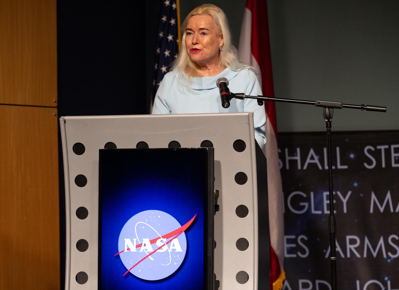 Ambassador of the Republic of Austria to the United States of America Petra Schneebauer delivers remarks during an Artemis Accords signing ceremony, Wednesday, Dec. 11, 2024, at the Mary W. Jackson NASA Headquarters building in Washington. The Republic of Austria is the 50th country to sign the Artemis Accords, which establish a practical set of principles to guide space exploration cooperation among nations participating in NASA’s Artemis program.  Photo Credit: (NASA/Joel Kowsky)