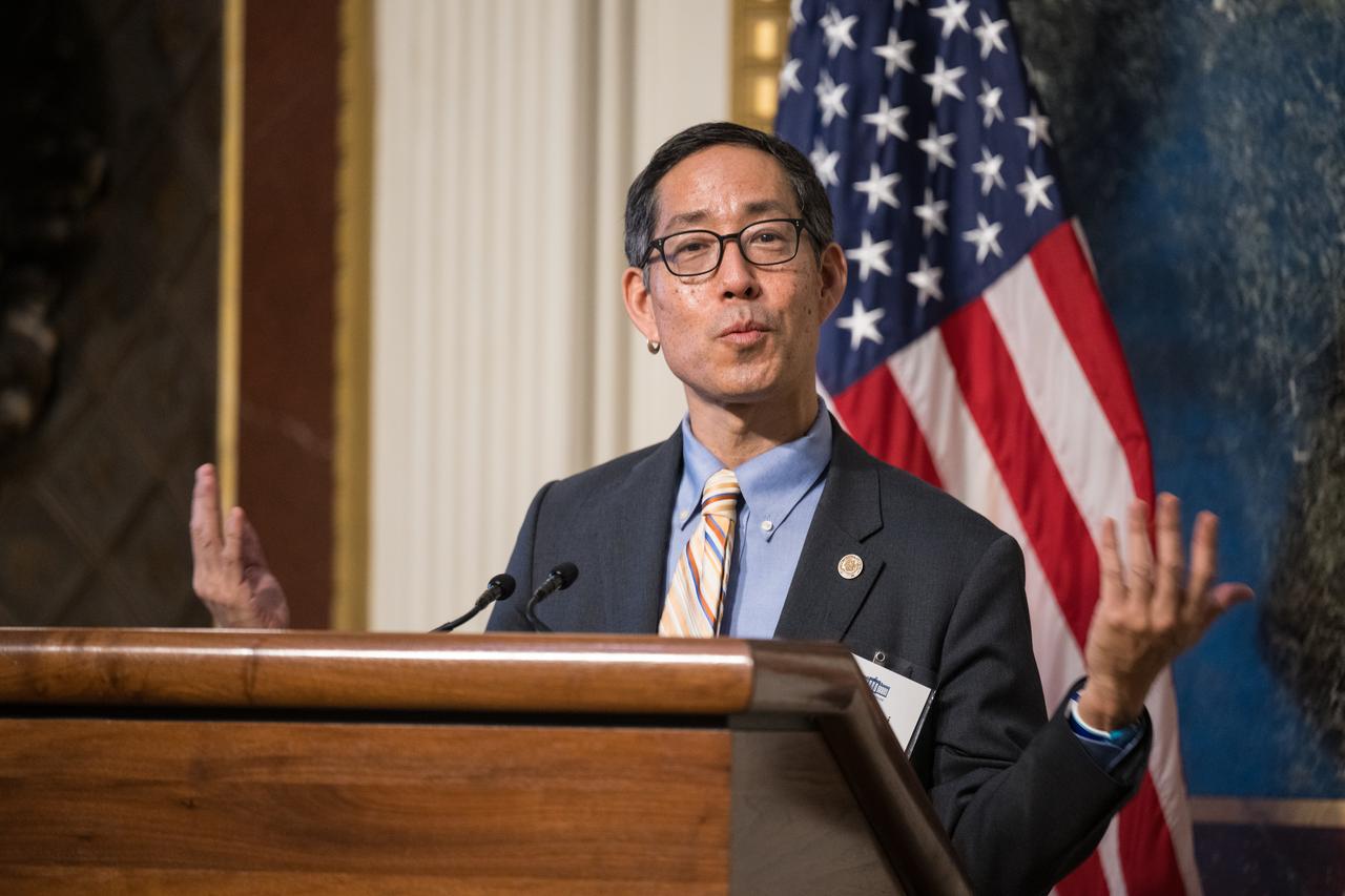 Special Assistant to the President and Deputy Director of the White House Office of Science and Technology Policy Kei Koizumi speaks at the Microgravity Science Summit at the Eisenhower Executive Office Building, Monday, Dec. 13, 2024 in Washington. Photo Credit: (NASA/Aubrey Gemignani)