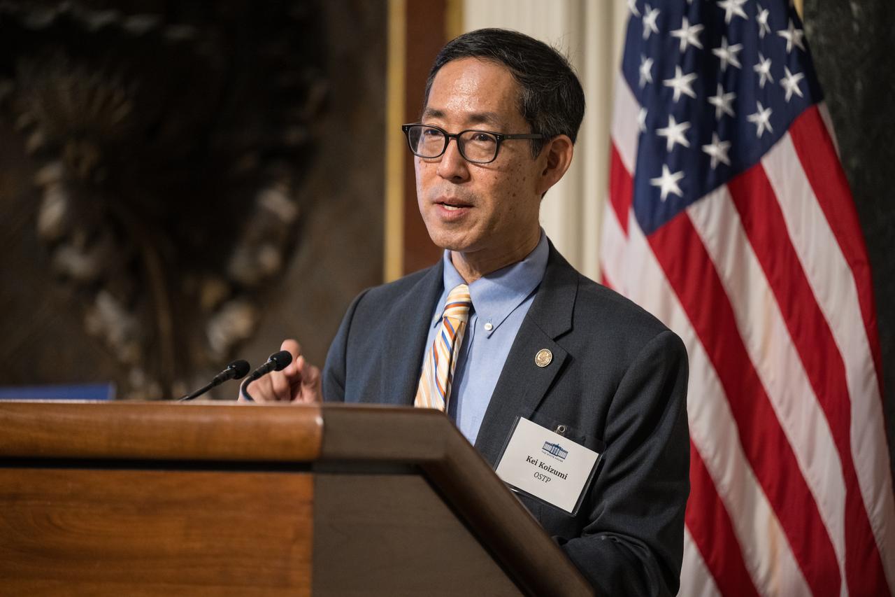 Special Assistant to the President and Deputy Director of the White House Office of Science and Technology Policy Kei Koizumi speaks at the Microgravity Science Summit at the Eisenhower Executive Office Building, Monday, Dec. 13, 2024 in Washington. Photo Credit: (NASA/Aubrey Gemignani)