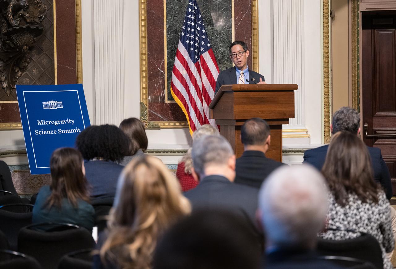 Special Assistant to the President and Deputy Director of the White House Office of Science and Technology Policy Kei Koizumi speaks at the Microgravity Science Summit at the Eisenhower Executive Office Building, Monday, Dec. 13, 2024 in Washington. Photo Credit: (NASA/Aubrey Gemignani)