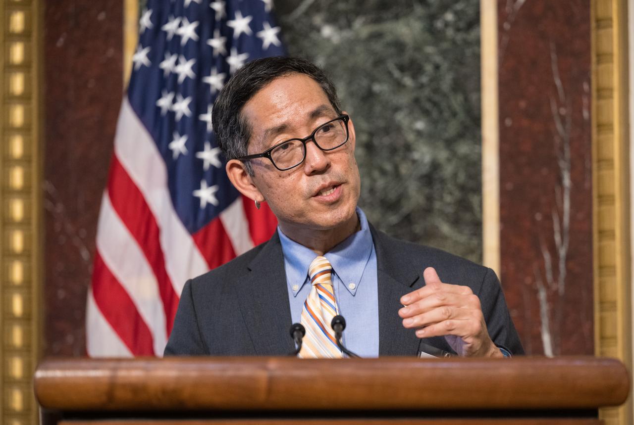 Special Assistant to the President and Deputy Director of the White House Office of Science and Technology Policy Kei Koizumi speaks at the Microgravity Science Summit at the Eisenhower Executive Office Building, Monday, Dec. 13, 2024 in Washington. Photo Credit: (NASA/Aubrey Gemignani)
