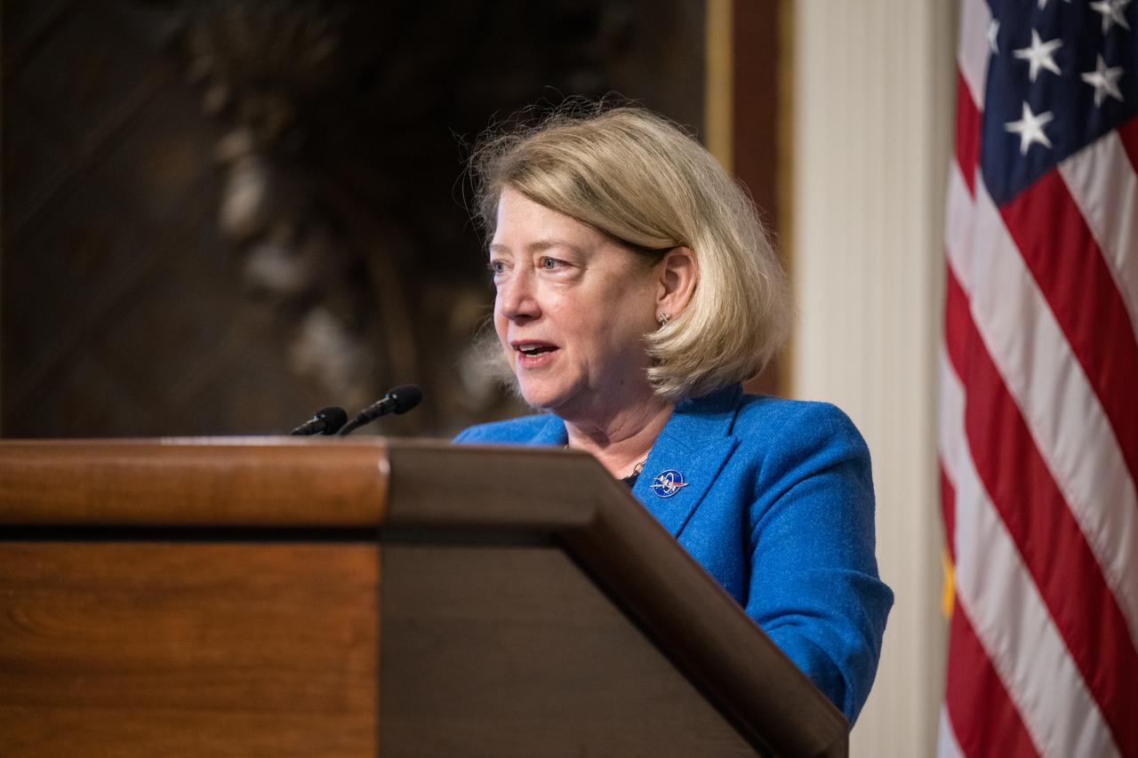 NASA Deputy Administrator Pam Melroy speaks at the Microgravity Science Summit at the Eisenhower Executive Office Building, Monday, Dec. 13, 2024 in Washington. Photo Credit: (NASA/Aubrey Gemignani)