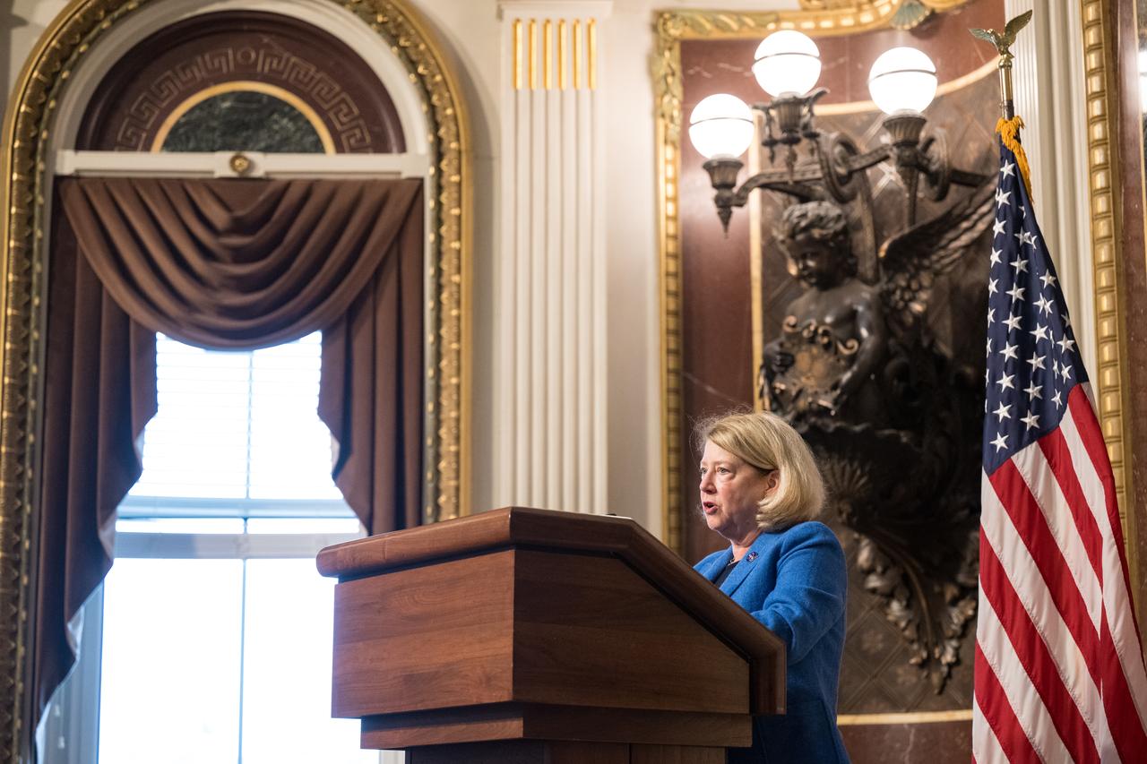 NASA Deputy Administrator Pam Melroy speaks at the Microgravity Science Summit at the Eisenhower Executive Office Building, Monday, Dec. 13, 2024 in Washington. Photo Credit: (NASA/Aubrey Gemignani)