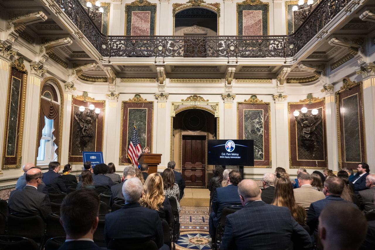 NASA Deputy Administrator Pam Melroy speaks at the Microgravity Science Summit at the Eisenhower Executive Office Building, Monday, Dec. 13, 2024 in Washington. Photo Credit: (NASA/Aubrey Gemignani)