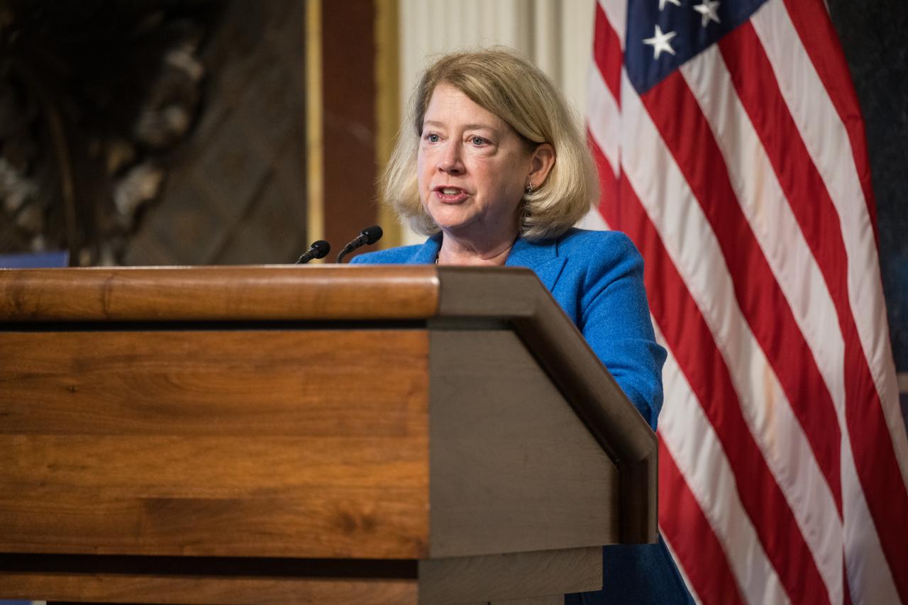 NASA Deputy Administrator Pam Melroy speaks at the Microgravity Science Summit at the Eisenhower Executive Office Building, Monday, Dec. 13, 2024 in Washington. Photo Credit: (NASA/Aubrey Gemignani)