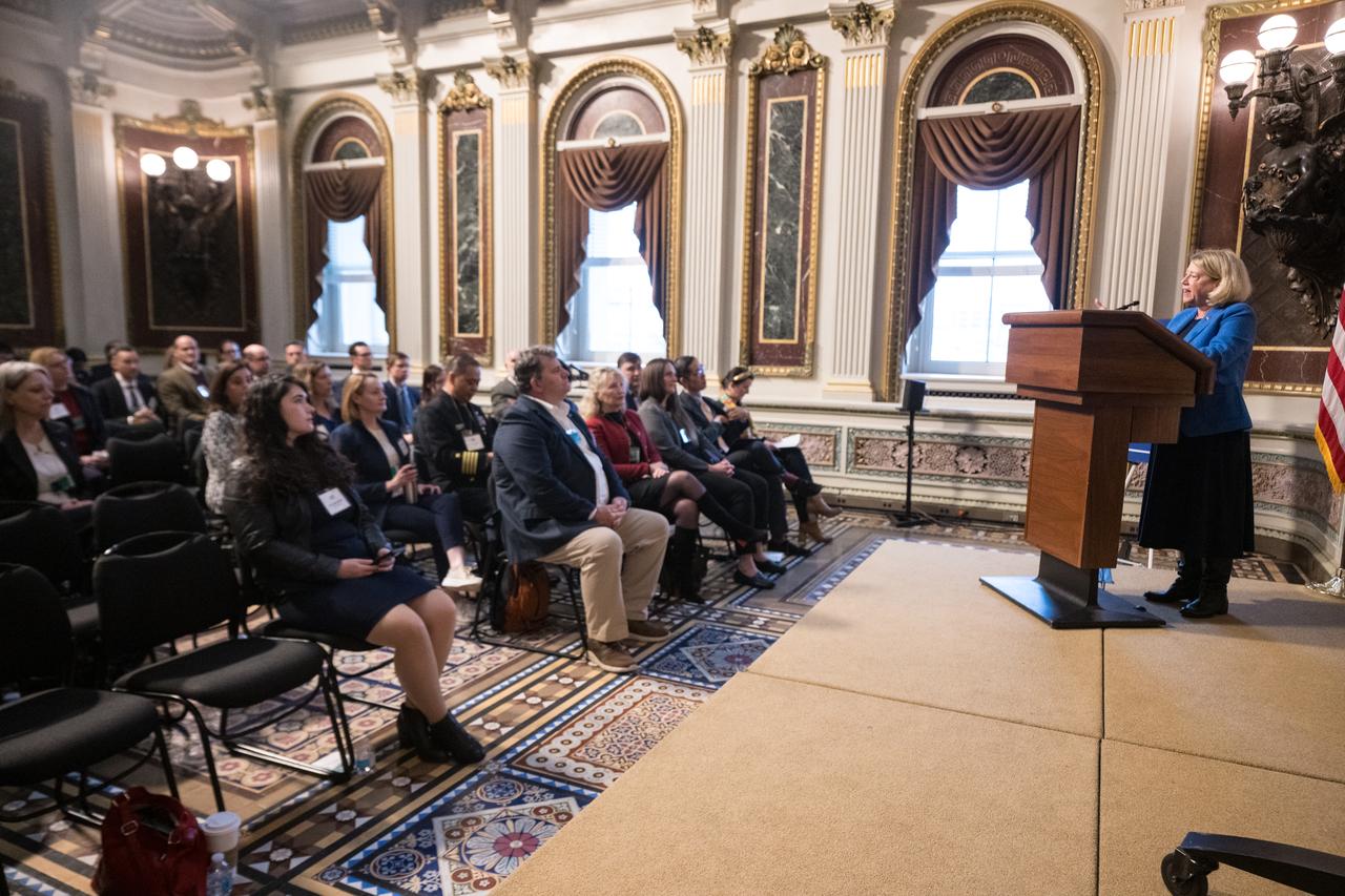 NASA Deputy Administrator Pam Melroy speaks at the Microgravity Science Summit at the Eisenhower Executive Office Building, Monday, Dec. 13, 2024 in Washington. Photo Credit: (NASA/Aubrey Gemignani)