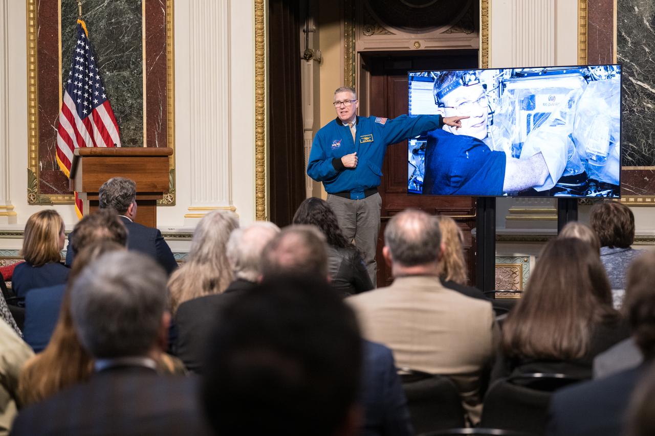 NASA astronaut Steve Bowen speaks at the Microgravity Science Summit at the Eisenhower Executive Office Building, Monday, Dec. 13, 2024 in Washington. Photo Credit: (NASA/Aubrey Gemignani)