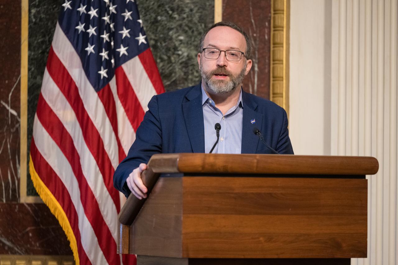 NASA Chief Economist Alex MacDonald speaks at the Microgravity Science Summit at the Eisenhower Executive Office Building, Monday, Dec. 13, 2024 in Washington. Photo Credit: (NASA/Aubrey Gemignani)
