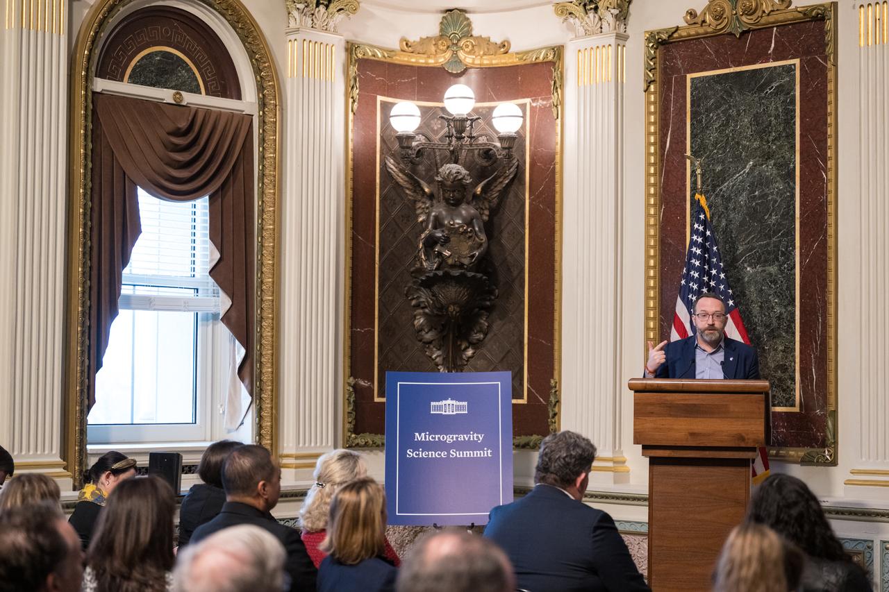 NASA Chief Economist Alex MacDonald speaks at the Microgravity Science Summit at the Eisenhower Executive Office Building, Monday, Dec. 13, 2024 in Washington. Photo Credit: (NASA/Aubrey Gemignani)