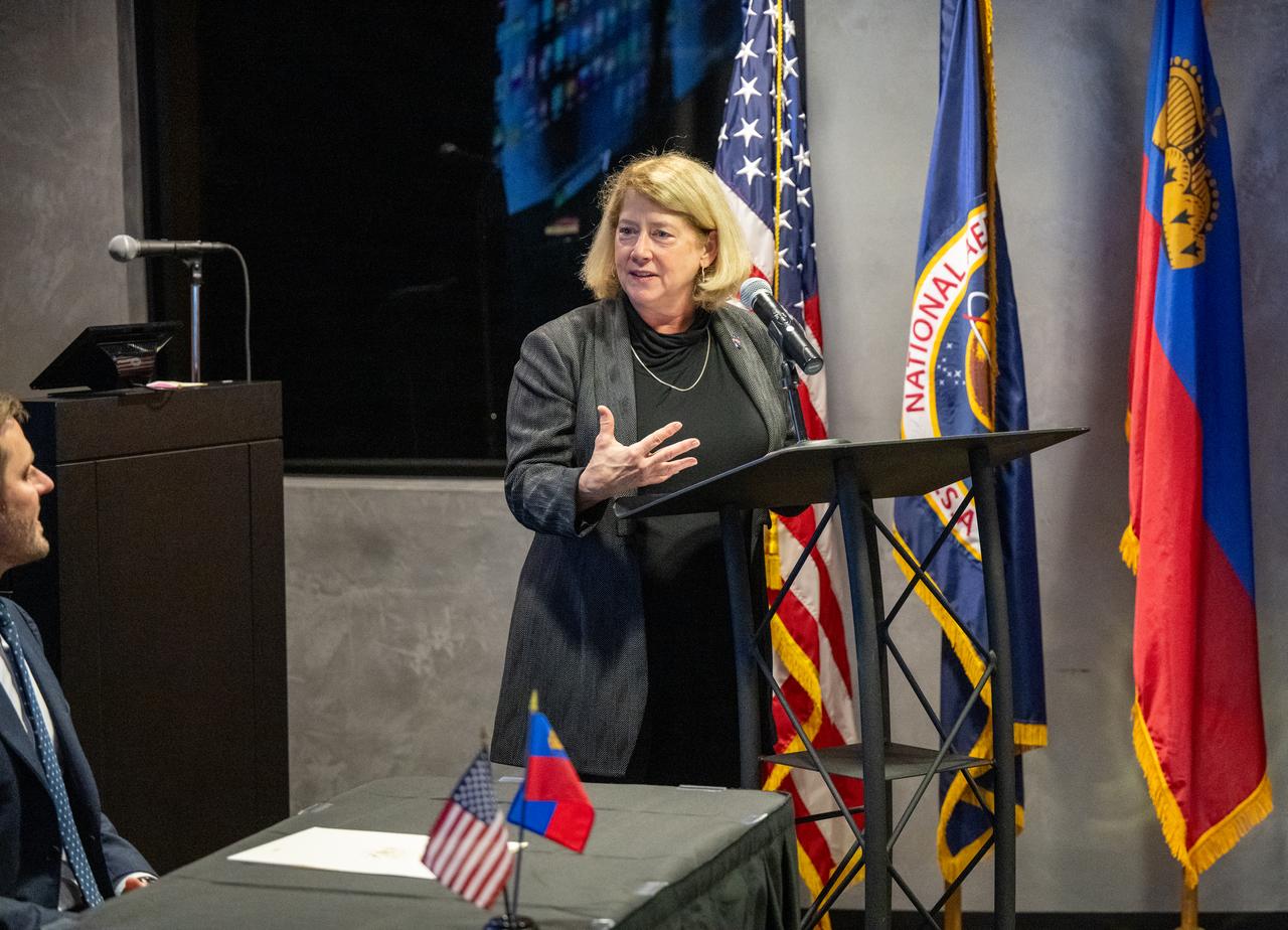 NASA Deputy Administrator Pam Melroy delivers remarks during an Artemis Accords signing ceremony Friday, Dec. 20, 2024, at the Mary W. Jackson NASA Headquarters building in Washington. The Principality of Liechtenstein is the 52nd country to sign the Artemis Accords, which establish a practical set of principles to guide space exploration cooperation among nations participating in NASA’s Artemis program.Photo Credit: (NASA/Keegan Barber)