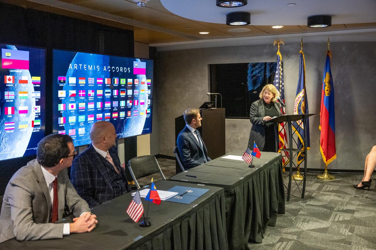 NASA Deputy Administrator Pam Melroy delivers remarks during an Artemis Accords signing ceremony Friday, Dec. 20, 2024, at the Mary W. Jackson NASA Headquarters building in Washington. The Principality of Liechtenstein is the 52nd country to sign the Artemis Accords, which establish a practical set of principles to guide space exploration cooperation among nations participating in NASA’s Artemis program.Photo Credit: (NASA/Keegan Barber)