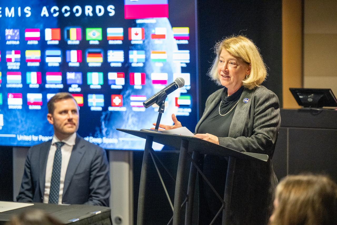 NASA Deputy Administrator Pam Melroy delivers remarks during an Artemis Accords signing ceremony Friday, Dec. 20, 2024, at the Mary W. Jackson NASA Headquarters building in Washington. The Principality of Liechtenstein is the 52nd country to sign the Artemis Accords, which establish a practical set of principles to guide space exploration cooperation among nations participating in NASA’s Artemis program.Photo Credit: (NASA/Keegan Barber)
