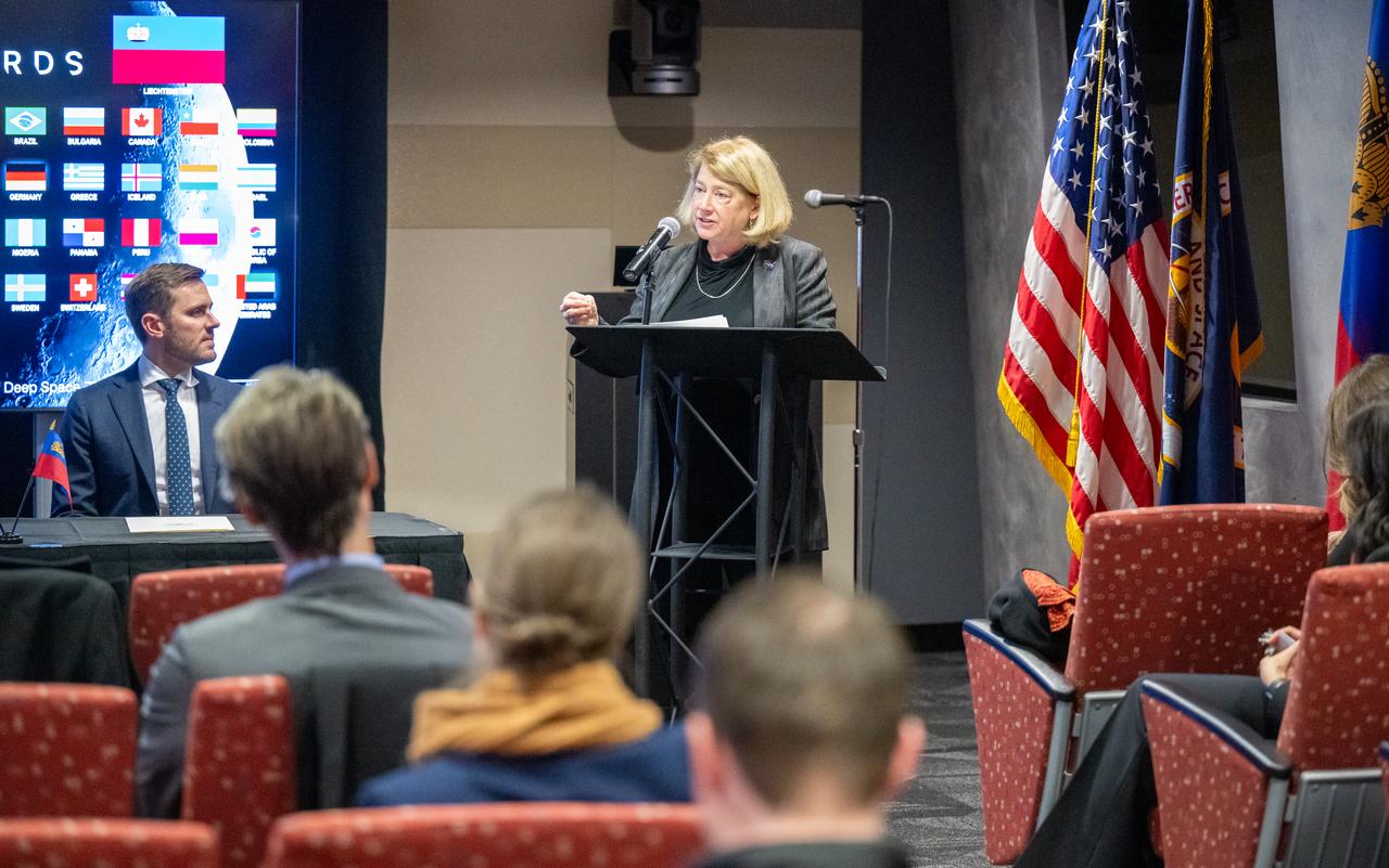 NASA Deputy Administrator Pam Melroy delivers remarks during an Artemis Accords signing ceremony Friday, Dec. 20, 2024, at the Mary W. Jackson NASA Headquarters building in Washington. The Principality of Liechtenstein is the 52nd country to sign the Artemis Accords, which establish a practical set of principles to guide space exploration cooperation among nations participating in NASA’s Artemis program.Photo Credit: (NASA/Keegan Barber)