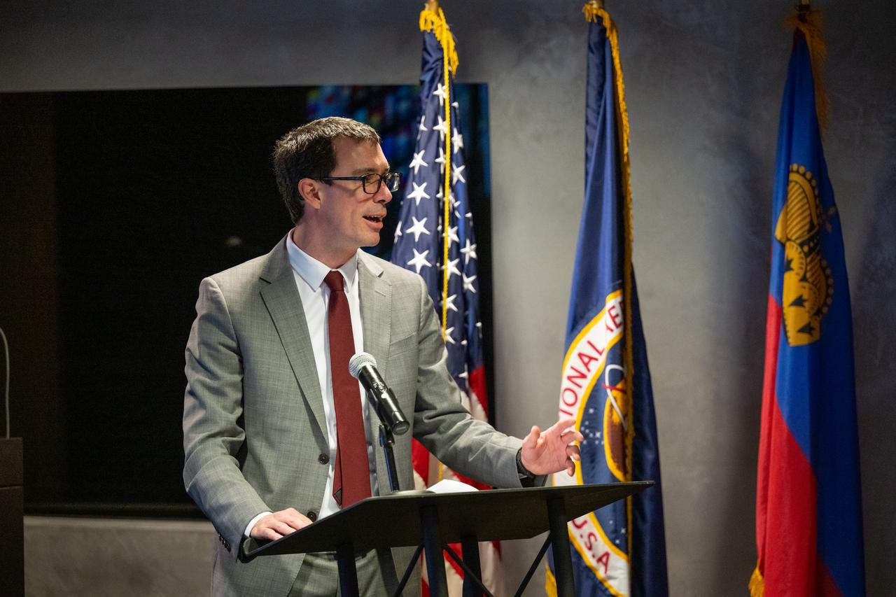 Ambassador of the Principality of Liechtenstein to the United States of America Georg Sparber delivers remarks during an Artemis Accords signing ceremony Friday, Dec. 20, 2024, at the Mary W. Jackson NASA Headquarters building in Washington. The Principality of Liechtenstein is the 52nd country to sign the Artemis Accords, which establish a practical set of principles to guide space exploration cooperation among nations participating in NASA’s Artemis program.Photo Credit: (NASA/Keegan Barber)