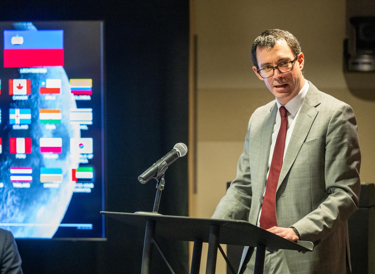 Ambassador of the Principality of Liechtenstein to the United States of America Georg Sparber delivers remarks during an Artemis Accords signing ceremony Friday, Dec. 20, 2024, at the Mary W. Jackson NASA Headquarters building in Washington. The Principality of Liechtenstein is the 52nd country to sign the Artemis Accords, which establish a practical set of principles to guide space exploration cooperation among nations participating in NASA’s Artemis program.Photo Credit: (NASA/Keegan Barber)