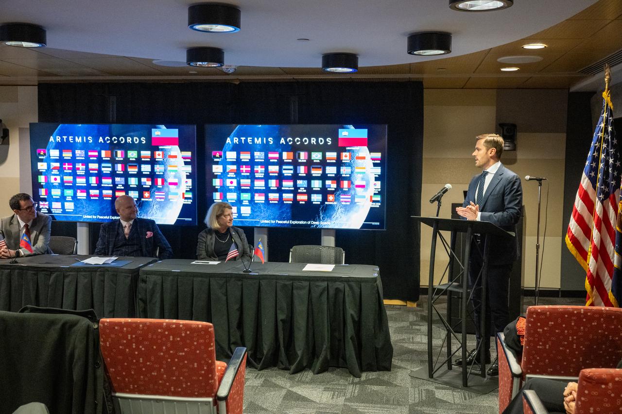 Ambassador Extraordinary and Plenipotentiary to the Swiss Confederation and to the Principality of Liechtenstein Scott Miller delivers remarks during an Artemis Accords signing ceremony Friday, Dec. 20, 2024, at the Mary W. Jackson NASA Headquarters building in Washington. The Principality of Liechtenstein is the 52nd country to sign the Artemis Accords, which establish a practical set of principles to guide space exploration cooperation among nations participating in NASA’s Artemis program.Photo Credit: (NASA/Keegan Barber)