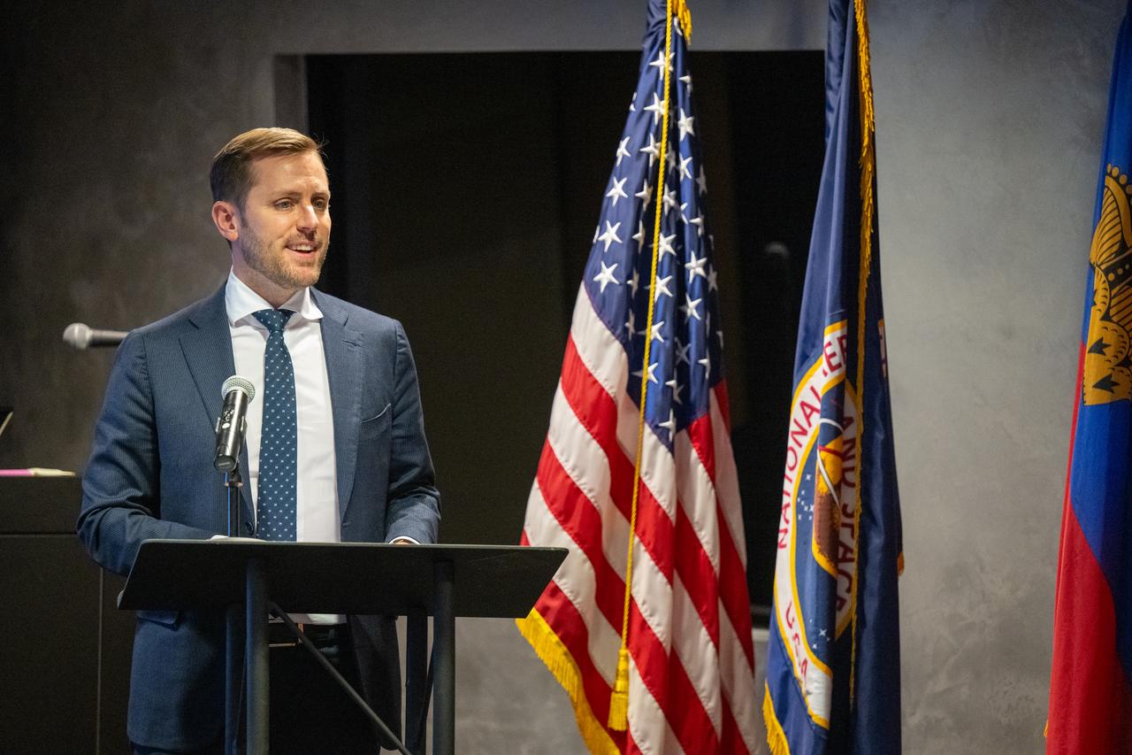 Ambassador Extraordinary and Plenipotentiary to the Swiss Confederation and to the Principality of Liechtenstein Scott Miller delivers remarks during an Artemis Accords signing ceremony Friday, Dec. 20, 2024, at the Mary W. Jackson NASA Headquarters building in Washington. The Principality of Liechtenstein is the 52nd country to sign the Artemis Accords, which establish a practical set of principles to guide space exploration cooperation among nations participating in NASA’s Artemis program.Photo Credit: (NASA/Keegan Barber)