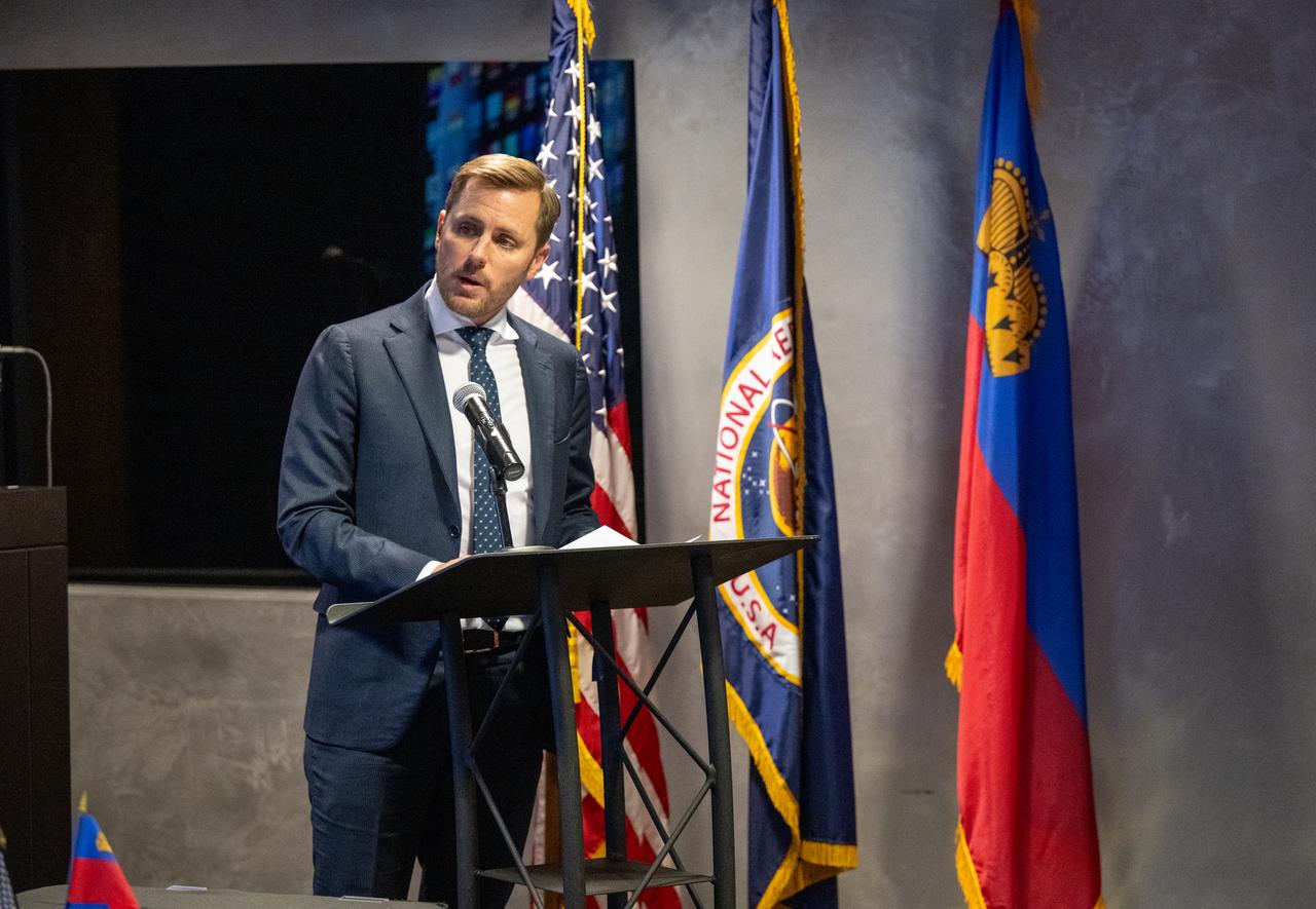 Ambassador Extraordinary and Plenipotentiary to the Swiss Confederation and to the Principality of Liechtenstein Scott Miller delivers remarks during an Artemis Accords signing ceremony Friday, Dec. 20, 2024, at the Mary W. Jackson NASA Headquarters building in Washington. The Principality of Liechtenstein is the 52nd country to sign the Artemis Accords, which establish a practical set of principles to guide space exploration cooperation among nations participating in NASA’s Artemis program.Photo Credit: (NASA/Keegan Barber)