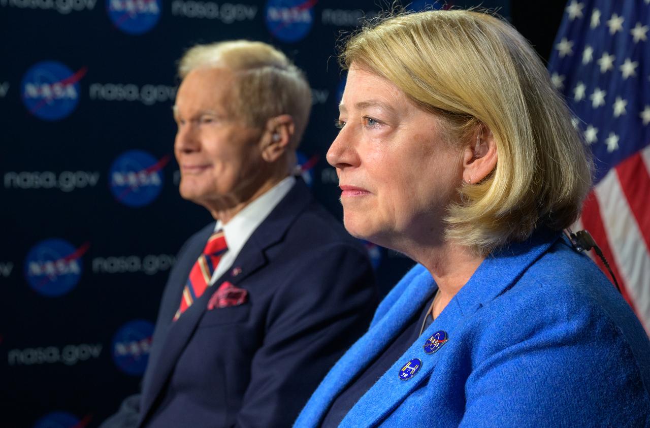 NASA Administrator Bill Nelson, left, and NASA Deputy Administrator Pam Melroy are seen during an Earth-to-space call with astronauts aboard the International Space Station, Wednesday, Jan. 8, 2025, at the Mary W. Jackson NASA Headquarters building in Washington. Nelson and Melroy spoke with NASA astronauts Nick Hague, Butch Wilmore, Suni Williams, and Don Pettit. Photo Credit: (NASA/Bill Ingalls)