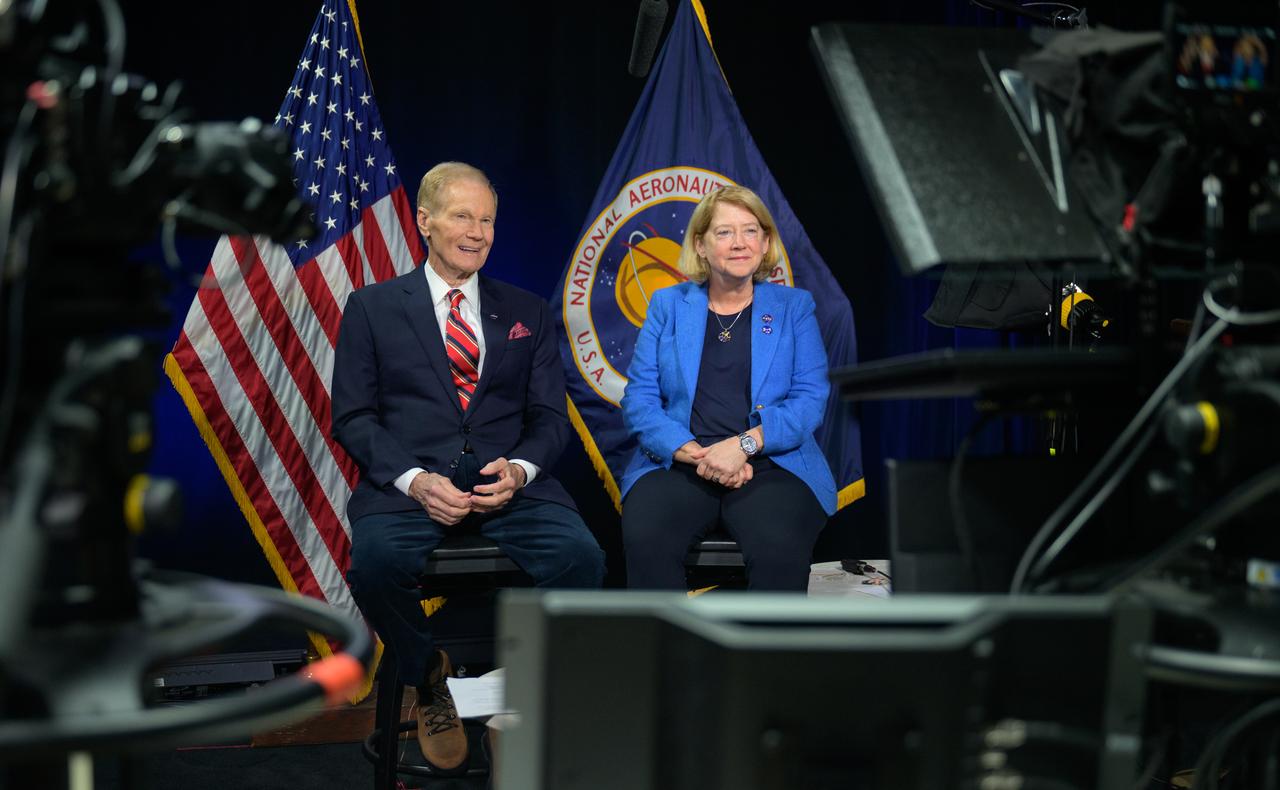 NASA Administrator Bill Nelson, left, and NASA Deputy Administrator Pam Melroy are seen during an Earth-to-space call with astronauts aboard the International Space Station, Wednesday, Jan. 8, 2025, at the Mary W. Jackson NASA Headquarters building in Washington. Nelson and Melroy spoke with NASA astronauts Nick Hague, Butch Wilmore, Suni Williams, and Don Pettit. Photo Credit: (NASA/Bill Ingalls)