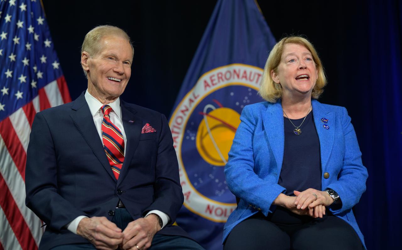 NASA Administrator Bill Nelson, left, and NASA Deputy Administrator Pam Melroy are seen during an Earth-to-space call with astronauts aboard the International Space Station, Wednesday, Jan. 8, 2025, at the Mary W. Jackson NASA Headquarters building in Washington. Nelson and Melroy spoke with NASA astronauts Nick Hague, Butch Wilmore, Suni Williams, and Don Pettit. Photo Credit: (NASA/Bill Ingalls)