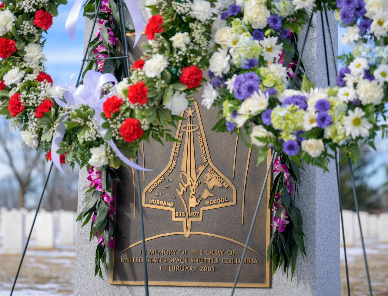 The Space Shuttle Columbia Memorial is seen during a wreath laying ceremony that was part of NASA's Day of Remembrance, Thursday, Jan. 23, 2025, at Arlington National Cemetery in Arlington, Va. Wreaths were laid in memory of those men and women who lost their lives in the quest for space exploration. Photo Credit: (NASA/Bill Ingalls)