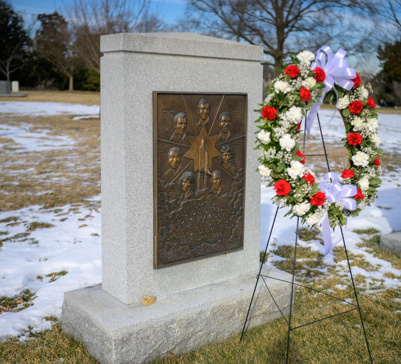 The Space Shuttle Challenger Memorial is seen during a wreath laying ceremony that was part of NASA's Day of Remembrance, Thursday, Jan. 23, 2025, at Arlington National Cemetery in Arlington, Va. Wreaths were laid in memory of those men and women who lost their lives in the quest for space exploration. Photo Credit: (NASA/Bill Ingalls)