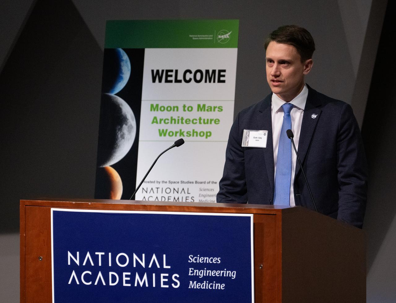 Clark Esty, executive officer for NASA’s Exploration Systems Development Mission Directorate speaks at the Moon to Mars Architecture Workshop, Wednesday, Feb. 12, 2025, at the National Academy of Sciences in Washington. NASA held the workshop to engage the broader space community and collect feedback from U.S. industry and academia and international partners to inform NASA's Moon to Mars Architecture, the agency's roadmap for human exploration of the Moon and Mars. Photo Credit: (NASA/Joel Kowsky)