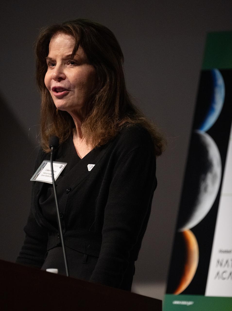 Colleen Hartman, director of the Space Studies Board at the National Academy of Sciences gives opening remarks at the Moon to Mars Architecture Workshop, Wednesday, Feb. 12, 2025, at the National Academy of Sciences in Washington. NASA held the workshop to engage the broader space community and collect feedback from U.S. industry and academia and international partners to inform NASA's Moon to Mars Architecture, the agency's roadmap for human exploration of the Moon and Mars. Photo Credit: (NASA/Joel Kowsky)