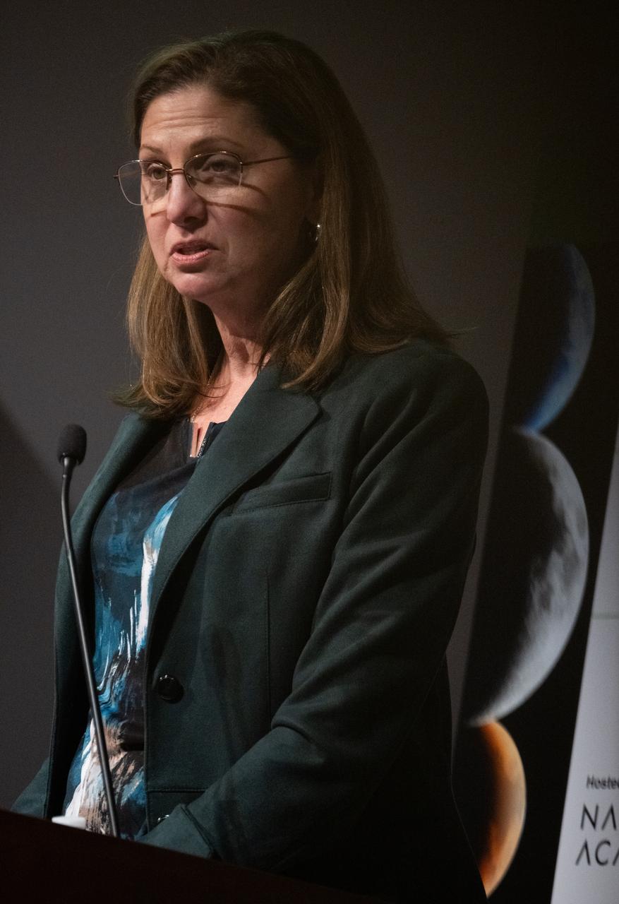 Catherine Koerner, associate administrator for NASA’s Exploration Systems Development Mission Directorate, gives opening remarks at the Moon to Mars Architecture Workshop, Wednesday, Feb. 12, 2025, at the National Academy of Sciences in Washington. NASA held the workshop to engage the broader space community and collect feedback from U.S. industry and academia and international partners to inform NASA's Moon to Mars Architecture, the agency's roadmap for human exploration of the Moon and Mars. Photo Credit: (NASA/Joel Kowsky)
