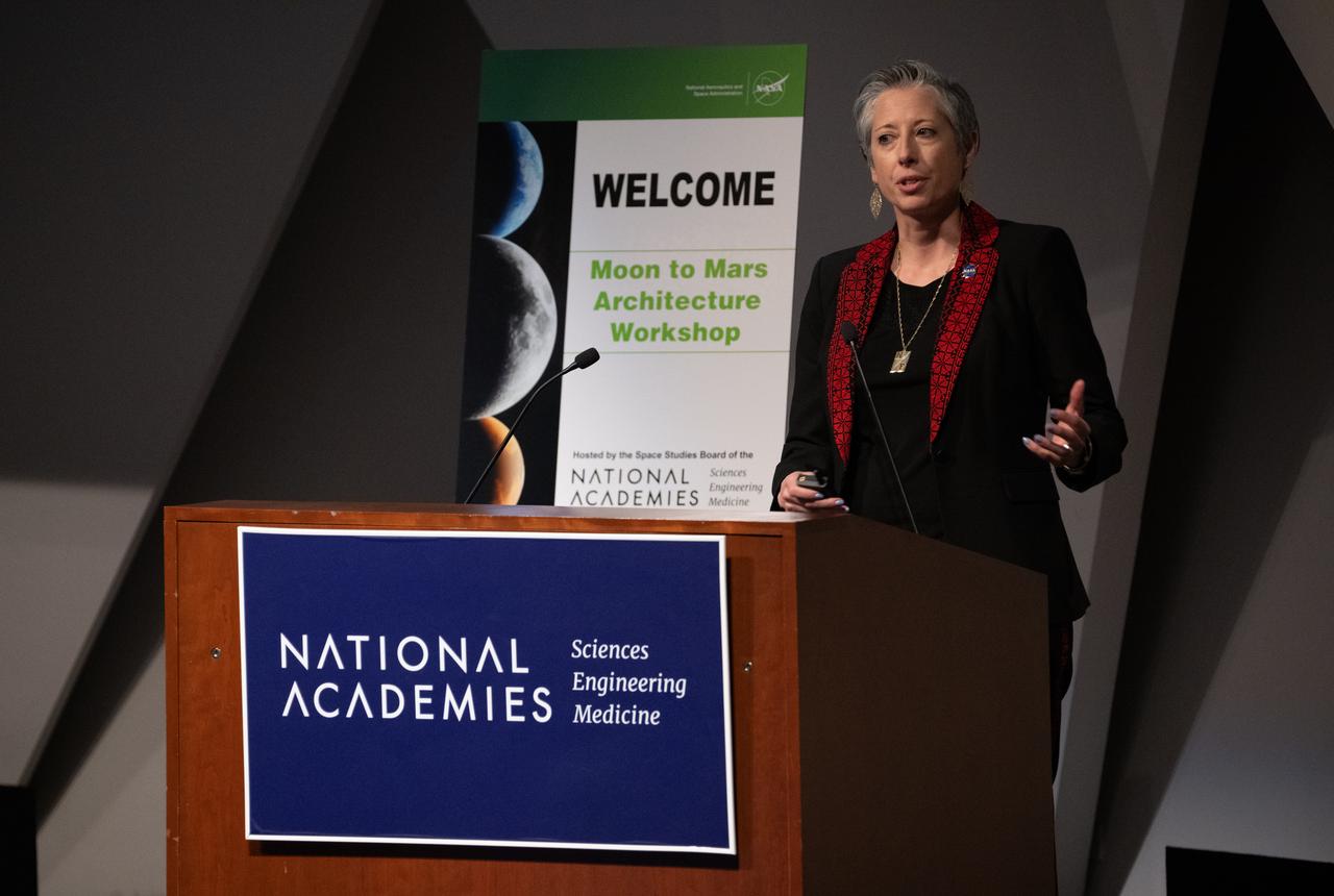 Nujoud Merancy, deputy associate administrator for the Strategy & Architecture Office in NASA’s Exploration Systems Development Mission Directorate gives remarks at the Moon to Mars Architecture Workshop, Wednesday, Feb. 12, 2025, at the National Academy of Sciences in Washington. NASA held the workshop to engage the broader space community and collect feedback from U.S. industry and academia and international partners to inform NASA's Moon to Mars Architecture, the agency's roadmap for human exploration of the Moon and Mars. Photo Credit: (NASA/Joel Kowsky)
