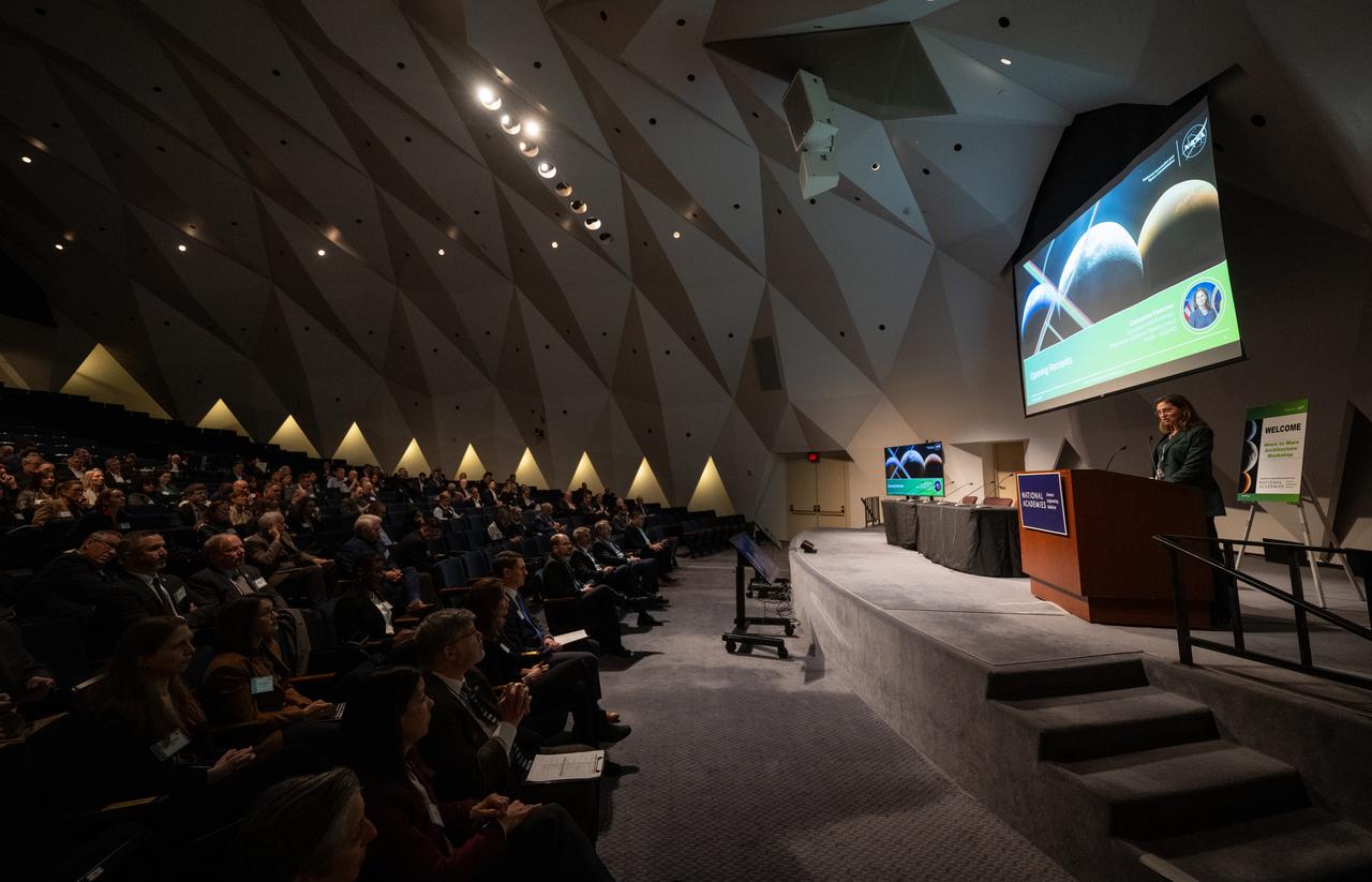 Catherine Koerner, associate administrator for NASA’s Exploration Systems Development Mission Directorate, gives opening remarks at the Moon to Mars Architecture Workshop, Wednesday, Feb. 12, 2025, at the National Academy of Sciences in Washington. NASA held the workshop to engage the broader space community and collect feedback from U.S. industry and academia and international partners to inform NASA's Moon to Mars Architecture, the agency's roadmap for human exploration of the Moon and Mars. Photo Credit: (NASA/Joel Kowsky)