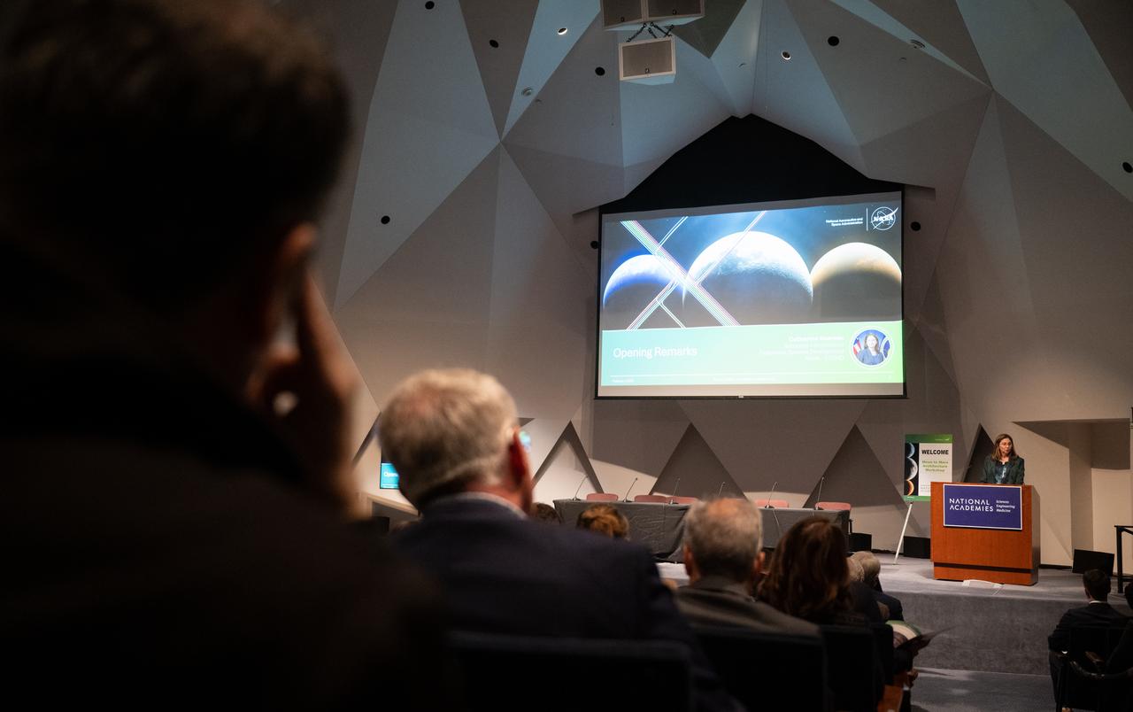 Catherine Koerner, associate administrator for NASA’s Exploration Systems Development Mission Directorate, gives opening remarks at the Moon to Mars Architecture Workshop, Wednesday, Feb. 12, 2025, at the National Academy of Sciences in Washington. NASA held the workshop to engage the broader space community and collect feedback from U.S. industry and academia and international partners to inform NASA's Moon to Mars Architecture, the agency's roadmap for human exploration of the Moon and Mars. Photo Credit: (NASA/Joel Kowsky)