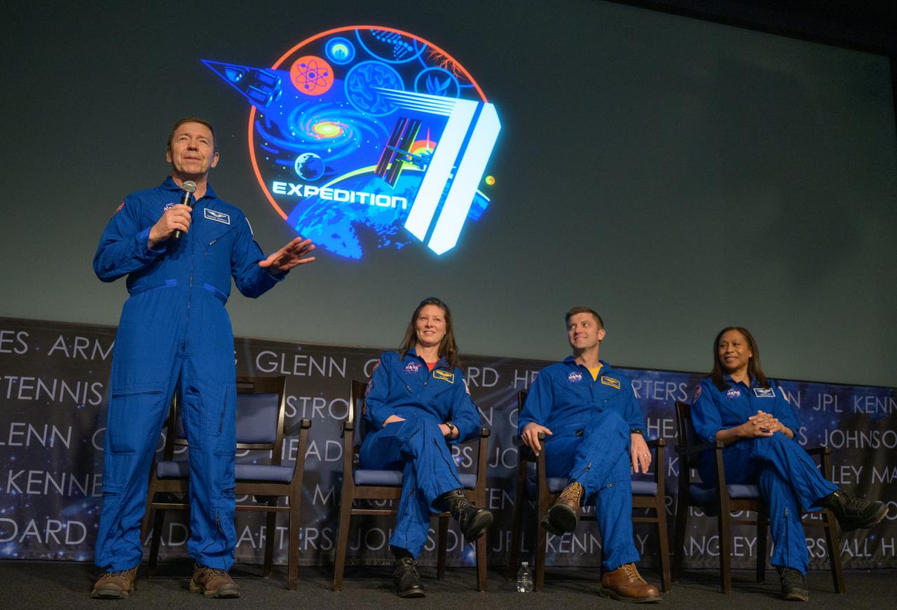 NASA Expedition 71 astronauts Michael Barratt, left, Tracy Dyson, Matthew Dominick, and Jeanette Epps, right, give a postflight presentation, Monday, March 3, 2025, at the Mary W. Jackson NASA Headquarters Building in Washington. Dominick, Epps, Barratt, and Dyson served as part of Expedition 71 aboard the International Space Station. Photo Credit: (NASA/Bill Ingalls)