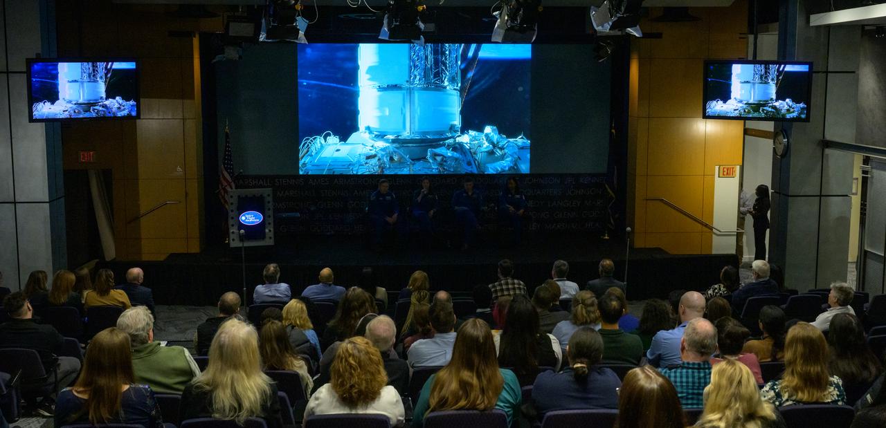 NASA Expedition 71 astronauts Michael Barratt, left, Tracy Dyson, Matthew Dominick, and Jeanette Epps, right, give a postflight presentation, Monday, March 3, 2025, at the Mary W. Jackson NASA Headquarters Building in Washington. Dominick, Epps, Barratt, and Dyson served as part of Expedition 71 aboard the International Space Station. Photo Credit: (NASA/Bill Ingalls)
