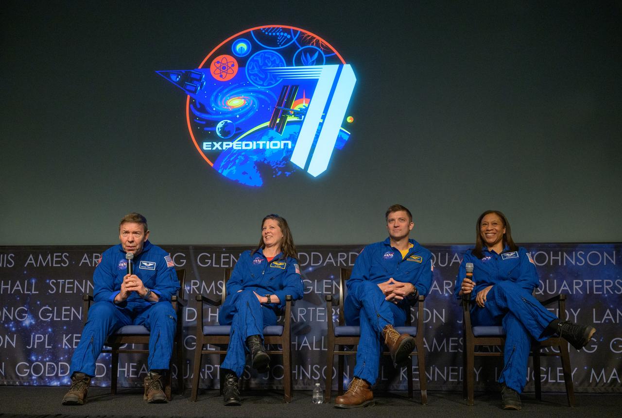 NASA Expedition 71 astronauts Michael Barratt, left, Tracy Dyson, Matthew Dominick, and Jeanette Epps, right, give a postflight presentation, Monday, March 3, 2025, at the Mary W. Jackson NASA Headquarters Building in Washington. Dominick, Epps, Barratt, and Dyson served as part of Expedition 71 aboard the International Space Station. Photo Credit: (NASA/Bill Ingalls)