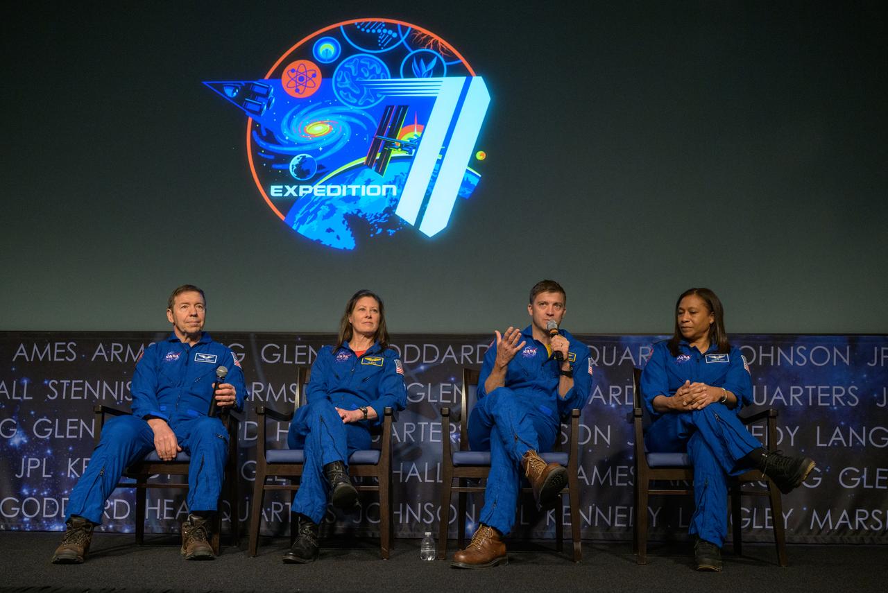 NASA Expedition 71 astronauts Michael Barratt, left, Tracy Dyson, Matthew Dominick, and Jeanette Epps, right, give a postflight presentation, Monday, March 3, 2025, at the Mary W. Jackson NASA Headquarters Building in Washington. Dominick, Epps, Barratt, and Dyson served as part of Expedition 71 aboard the International Space Station. Photo Credit: (NASA/Bill Ingalls)