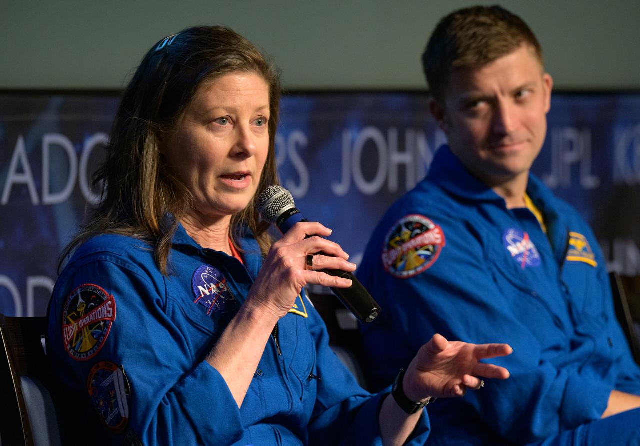 NASA astronaut Tracy Dyson, left, is seen during an Expedition 71 postflight presentation, Monday, March 3, 2025, at the Mary W. Jackson NASA Headquarters Building in Washington. Dyson, Michael Barrett, Matthew Dominick, and Jeanette Epps served as part of Expedition 71 aboard the International Space Station. Photo Credit: (NASA/Bill Ingalls)