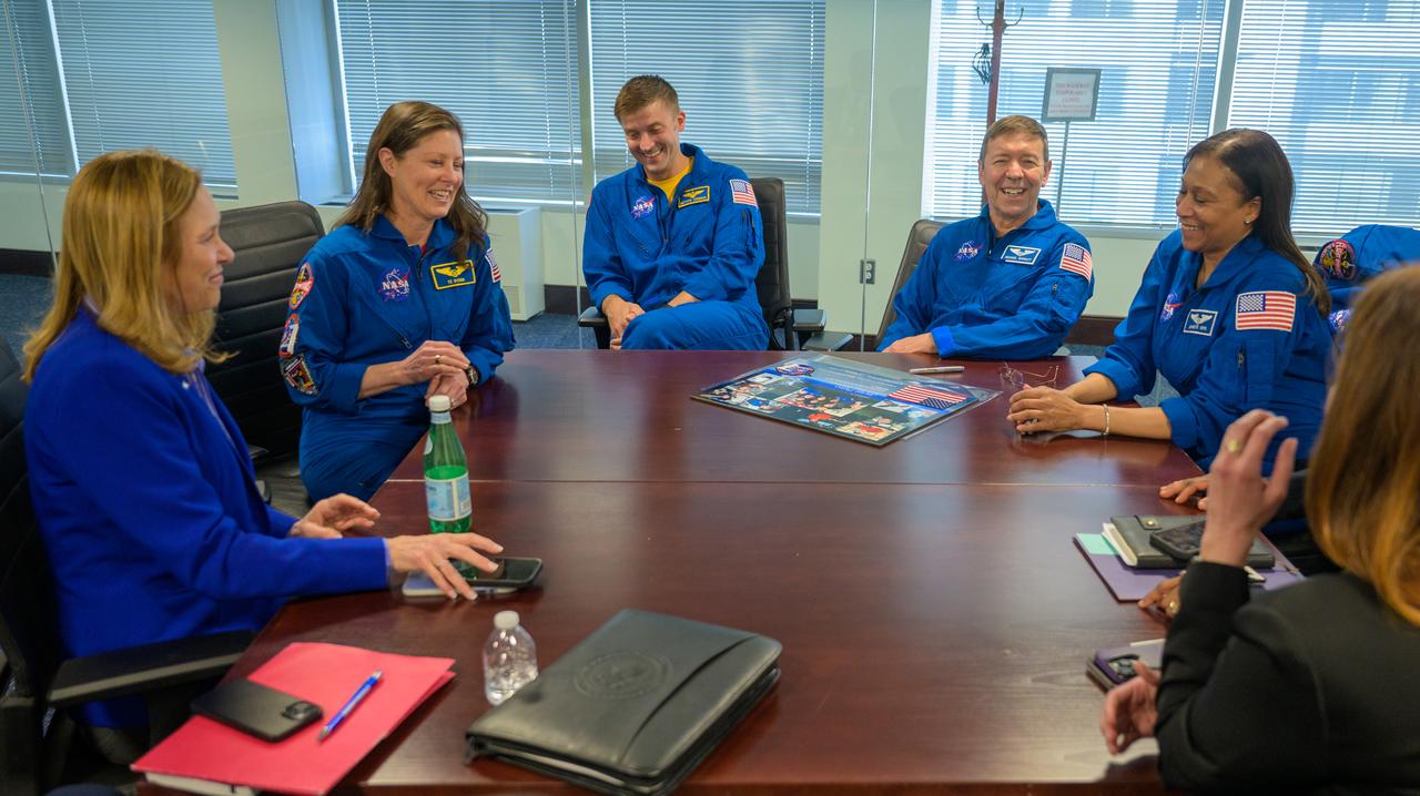 NASA acting Administrator Janet Petro, left, NASA Expedition 71 astronauts Tracy Dyson, Matthew Dominick, Michael Barratt, and Jeanette Epps, right, along with other senior leadership, meet, Monday, March 3, 2025, at the Mary W. Jackson NASA Headquarters Building in Washington. Dominick, Epps, Barratt, and Dyson served as part of Expedition 71 aboard the International Space Station. Photo Credit: (NASA/Bill Ingalls)
