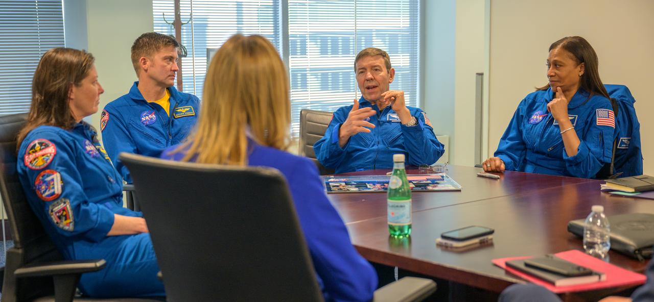 NASA acting Administrator Janet Petro, foreground, NASA Expedition 71 astronauts Tracy Dyson, left, Matthew Dominick, Michael Barratt, and Jeanette Epps, right, along with other senior leadership, meet, Monday, March 3, 2025, at the Mary W. Jackson NASA Headquarters Building in Washington. Dominick, Epps, Barratt, and Dyson served as part of Expedition 71 aboard the International Space Station. Photo Credit: (NASA/Bill Ingalls)